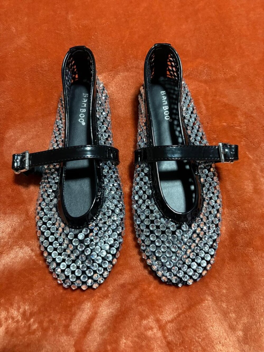 Bamboo rhinestone-embellished mesh Mary Jane flats featuring an all-over crystal